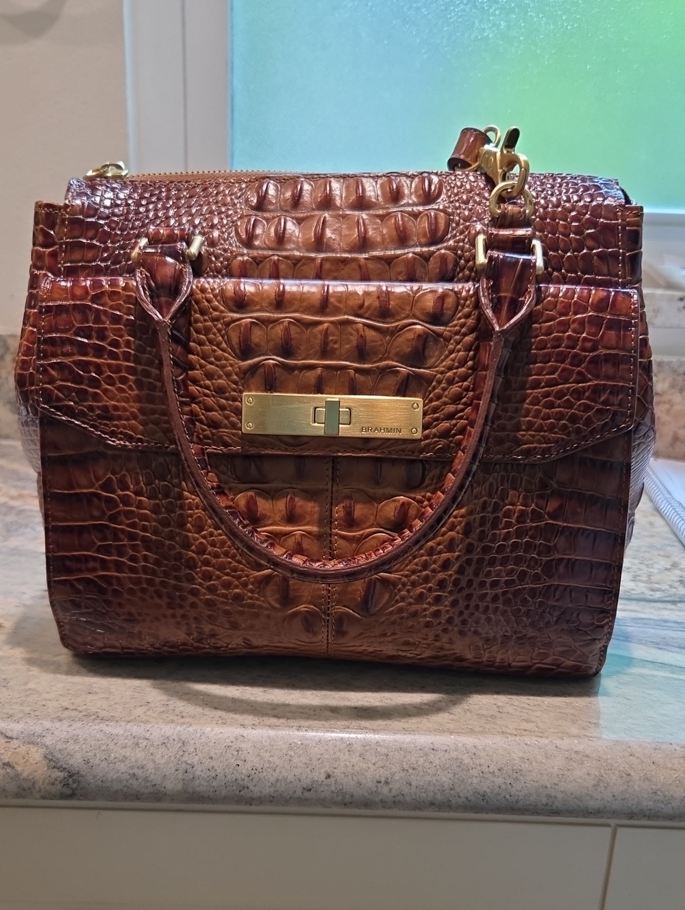 Brahmin Malia Croc-Embossed Brown Leather Satchel with Gold Hardware